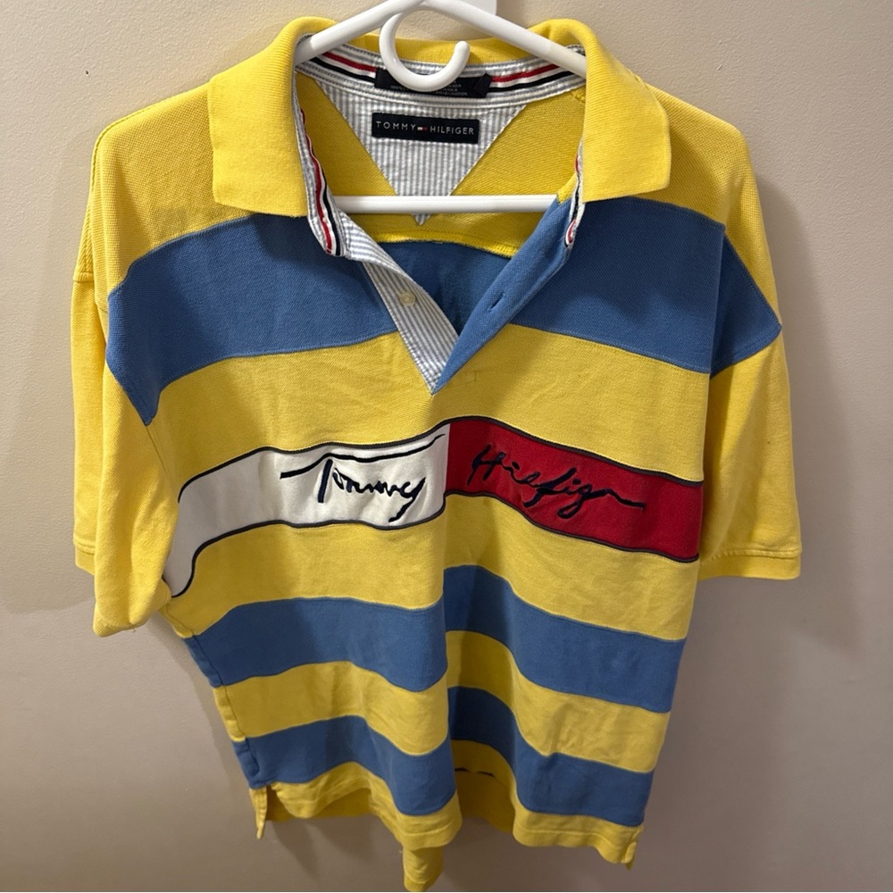 Tommy Hilfiger Yellow and Blue Striped Collar Shirt size XL